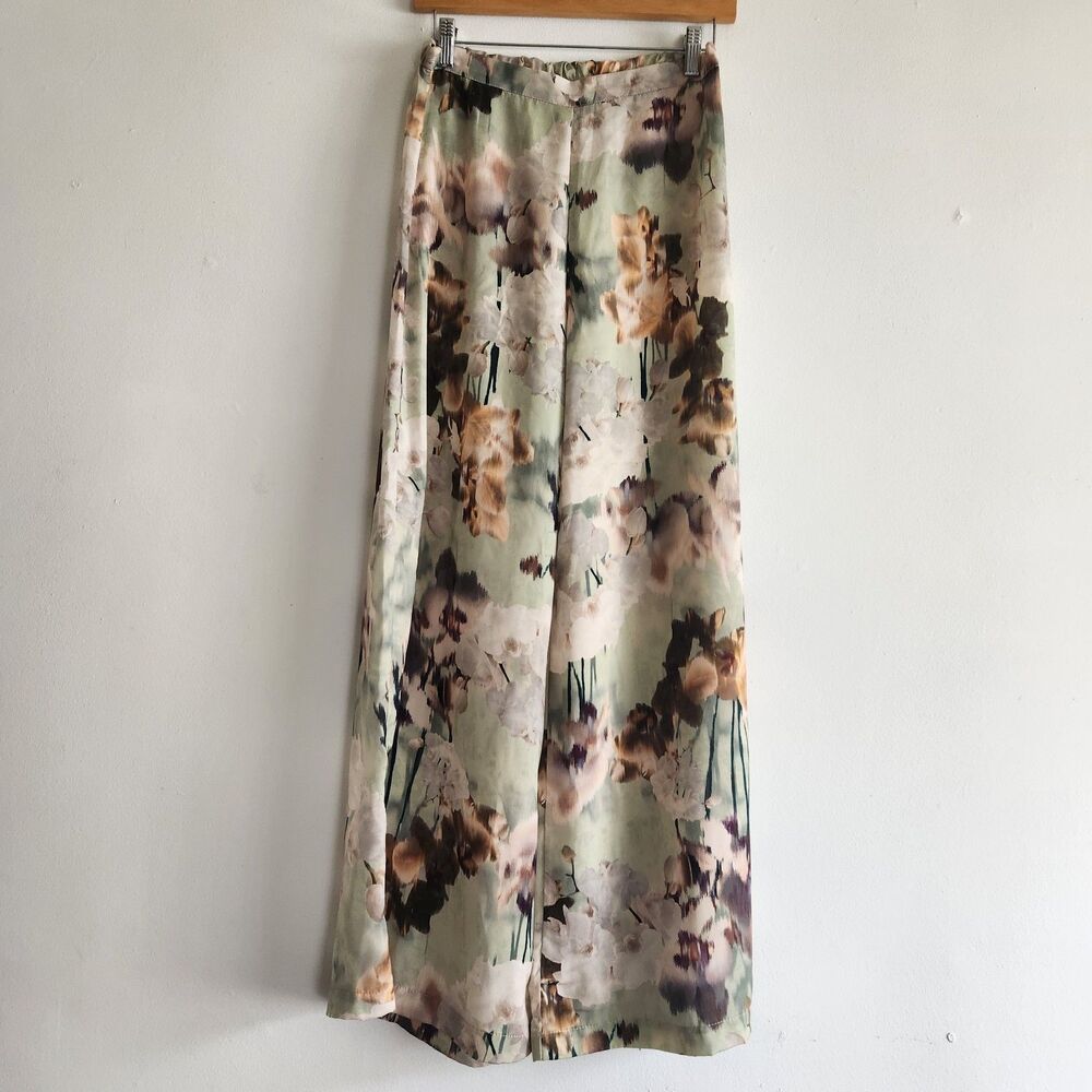 Bryn Walker Women's satin floral print wide leg palazzo pants Sz S arty abstract